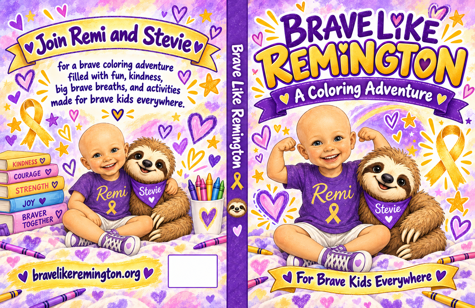 Brave Like Remington: A Coloring Adventure, featuring Remi and Stevie with purple hearts and golden ribbons